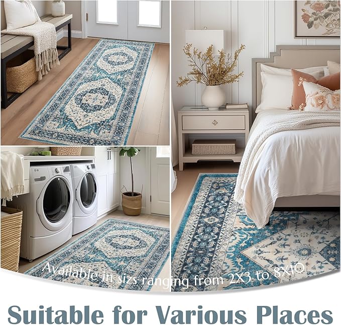 jinchan Runner Rug 2x5 Washable Kitchen Hallway Runner Soft Thin Vintage Low Pile Non Slip Distressed Carpet Floral Medallion Rug for Bathroom Bedroom Laundry Room Blue Multi