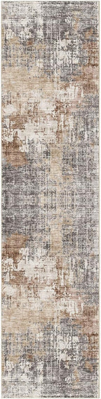 Washable Runner Rug for Hallway: 2.6x12 Neutral Modern Abstract Low Pile Area Rug with Non-Slip Backing - Carpet for Bedroom Kitchen Laundry Entryway Bathroom Indoor - Grey Brown