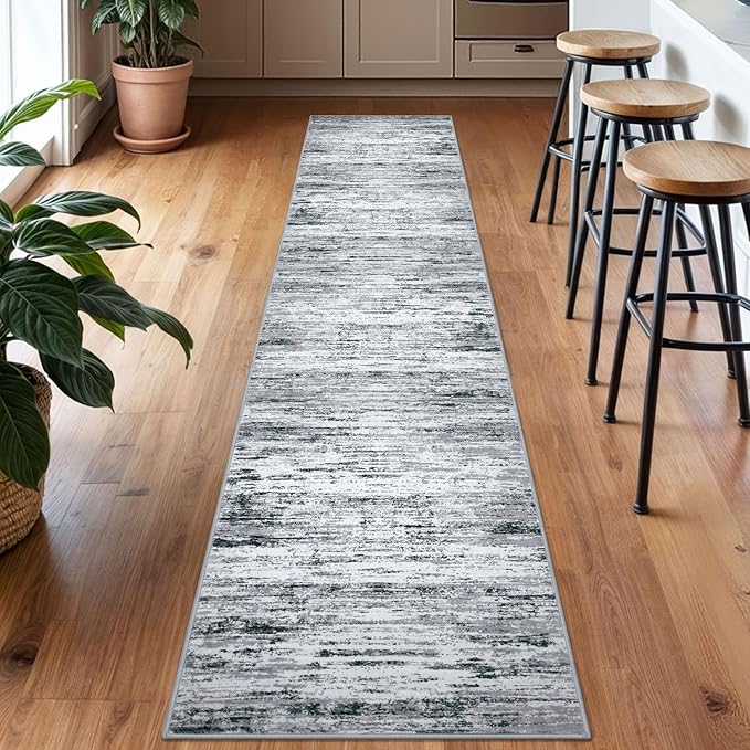 Modern Abstract Runner Rug 2x10, Black Grey White Washable Long Kitchen Runner Non-Slip Soft Hallway Rug Runner Thin Print Faux Wool Carpet for Entryway Bedroom Laundry Room Indoor Home Decor