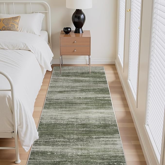 PADOOR Modern Abstract Runner Rug - 2.6x8 Washable Hallway Rugs, Ultra Soft Non-Slip Low Pile Floor Rugs for Hallway Entryway Kitchen Bedroom Bedside Laundry Room Green