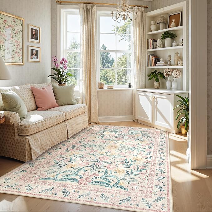 Lahome Pink Washable Rugs for Bedroom Girls 6x9, Boho Floral Living Room Rugs Non-Slip, Soft Low-Pile Nursery Carpet for Dining Room Kids Dorm Decor, Blush