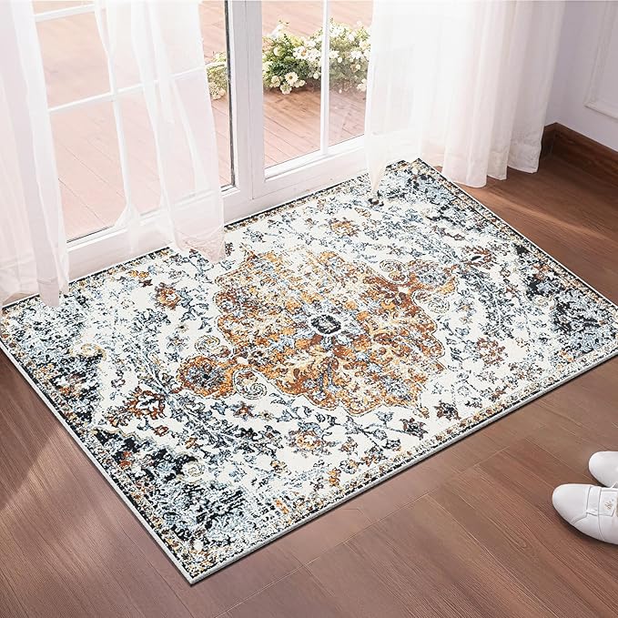 Small Area Rug 2x3ft Entryway Rug Non-Slip Vintage Washable Area Rugs Indoor Door Mat, Boho Faux Wool Carpet Kitchen Rugs with Rubber Backing for Bedroom, Kitchen, Room Entryway