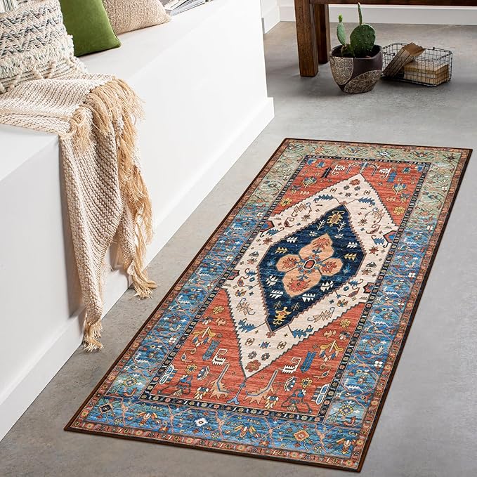 Lahome Boho Runner Rugs for Hallway - 2x4 Bathroom Area Rugs Non-Slip Small Throw Kitchen Rug Low-Pile Rugs for Entryway Laundry Room Rug Oriental Distressed Indoor Carpert Runner for Entrance BathRug