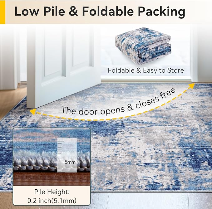 Washable Area Rugs 10'x12' Non-Slip Modern Abstract Soft for Living Room Entryway Bedroom Nursery, Print Pattern, Blue Grey Navy Gray