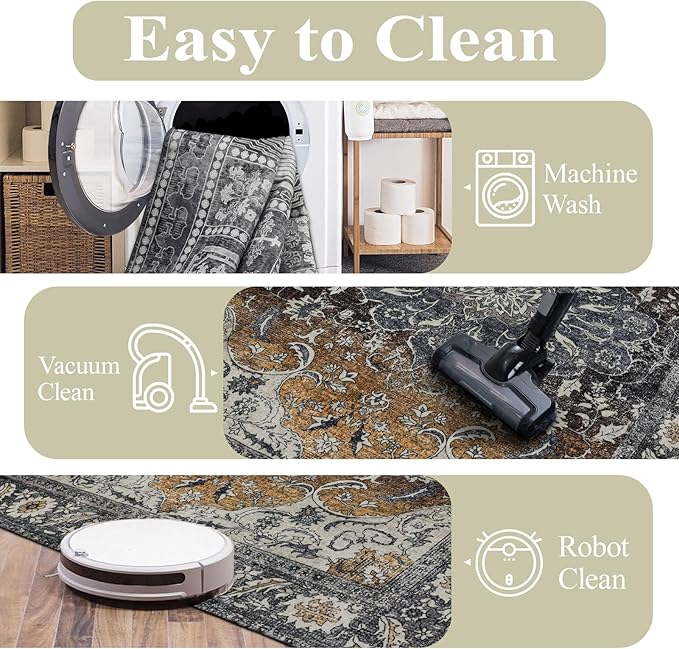 9x12 Area Rug Living Room Rugs, Stain Resistant Washable Rug, Vintage Large Non-Slip Backing, Low Pile Lightweight Print Rug for Bedroom Dinning Room Home Office (Tan/Gray)