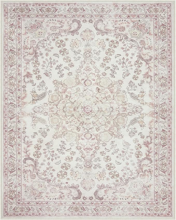 Wonnitar Floral Washable 8x10 Rug, Pink Area Rug for Bedroom Girls, Soft Non Slip Ultra-Thin Large Boho Vintage Home Decor Carpet for Living Room Nursery Dining Room Girl Room