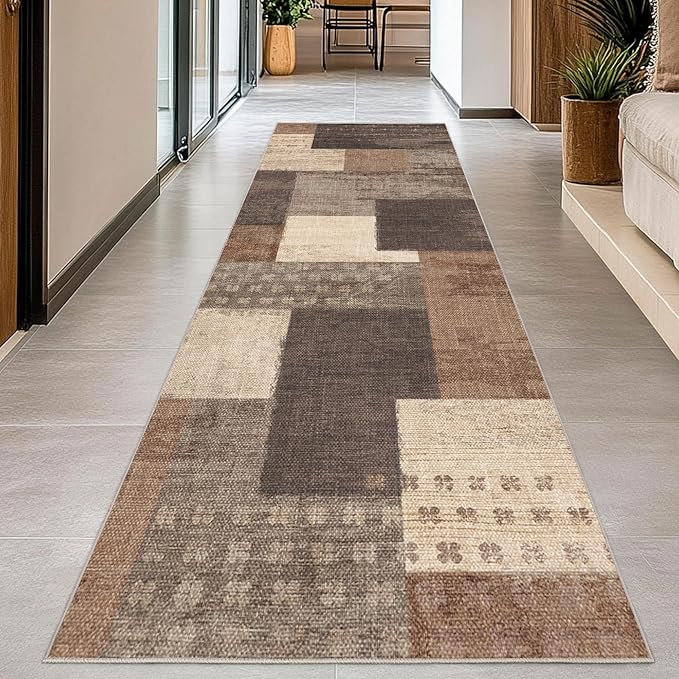 Modern Geometric Patchwork Indoor Runner Rug for Living Room, Beige 2'x 6' Large Rug Rockwood Collection Hardwood Floors Decor for Bedroom, Beige Throw Carpet for Office Entryway Dining Room