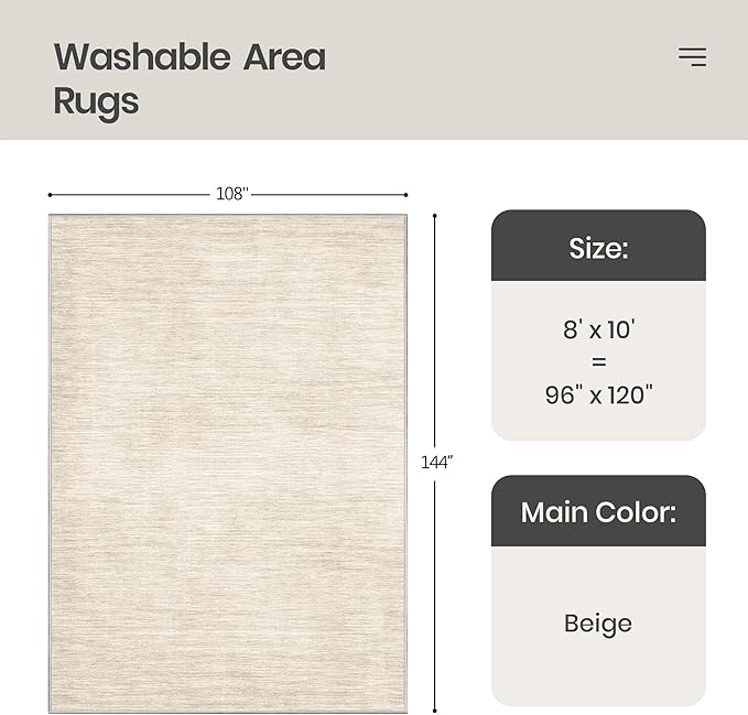 Valenrug Washable Rugs 8x10 - Non Slip 8x10 Area Rugs for Living Room, Stain Resistant Area Rugs for Bedroom, Foldable Machine Washable Area Rug(8'x10', Beige)