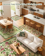Floral Area Rug Living Room - 8x10 Washable Rugs Low Pile Non-Slip Soft Bedroom Rugs Under Bed Stain Resistant Accent Indoor Vintage Carpet for Dining Room Nursery Home Office Decor, Green