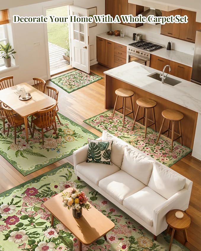 Floral Runner Rug 2x6 - Washable Vintage Bedroom Runner Rug Low Pile Non-Slip Carpet for Entryway Hallway, Laundry, Bathroom, Kitchen - Soft, Stain Resistant Indoor Area Rug - Green