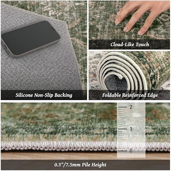 Washable 8x10 Area Rugs for Living Room, Boho Non-Slip Vintage Distress Large Rugs for Bedroom Dining Room Nursery Office, 0.3" Neutral Oriental Throw Thin Carpet, Grass Green/Multi