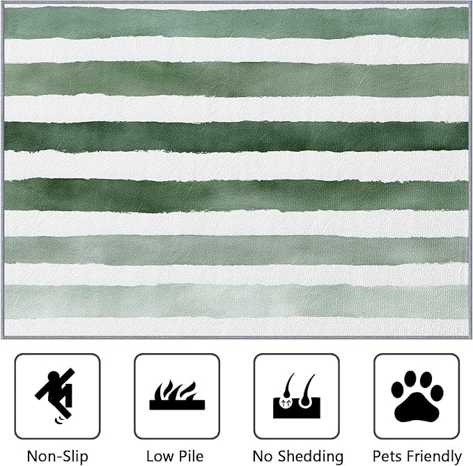 5x7 Rug Washable - Striped Rugs for Living Room, Green and White Stripe Minimalist Watercolor Non Slip Low Pile Area Rugs for Bedroom, Striped Carpet Home Decor & Gifts