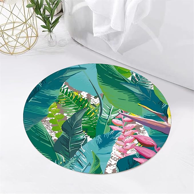 Tropical Leaves Round Rug 6ft - Machine Washable Non-Slip Circular Floor Mat, Short Pile Soft Rug for Living Room, Bedroom, Nursery in Green & Pink Botanical Design