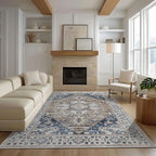 Washable Area Rugs 8x10, Large Rugs for Living Room, Carpet for Bedroom, Soft Faux Wool Retro Dining Room Rug, Non-Slip Backing Resistant Low Pile Vintage Print Rug for Home Office (Taupe/Blue)