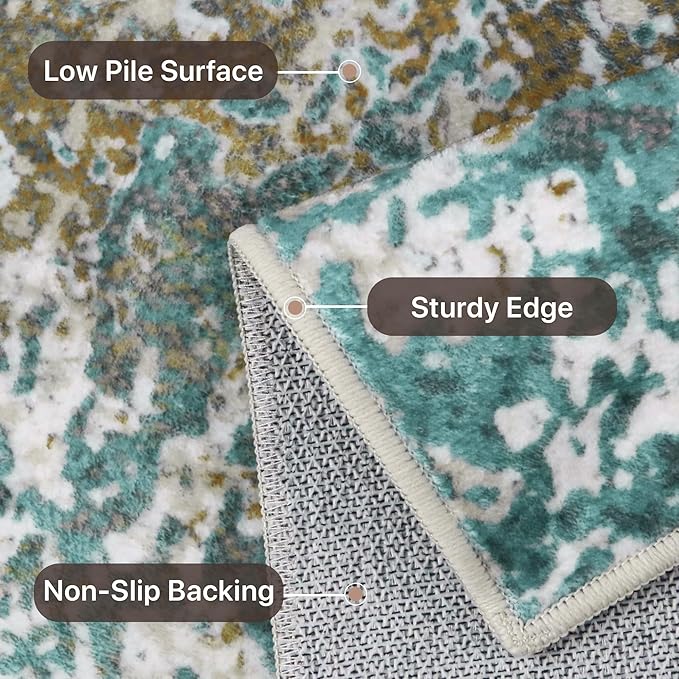 GENIMO 6x9 Area Rugs for Living Room, Machine Washable Rug Non Slip, Low Pile Ultra-Thin Lightweight Large Carpet, Abstract Modern Rugs for Bedroom, Dining Room, Office, Nursery, Teal/Beige