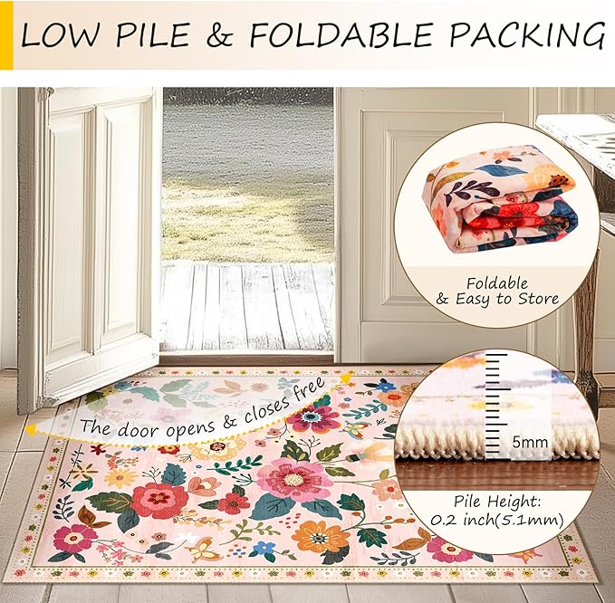 Floral 9x12 Area Rug Machine Washable Soft Print Boho Carpet Non Slip Doormat Low Pile Flower Area Rugs for Living Room Bedroom Nursery Kitchen Dining Room Indoor-Pink