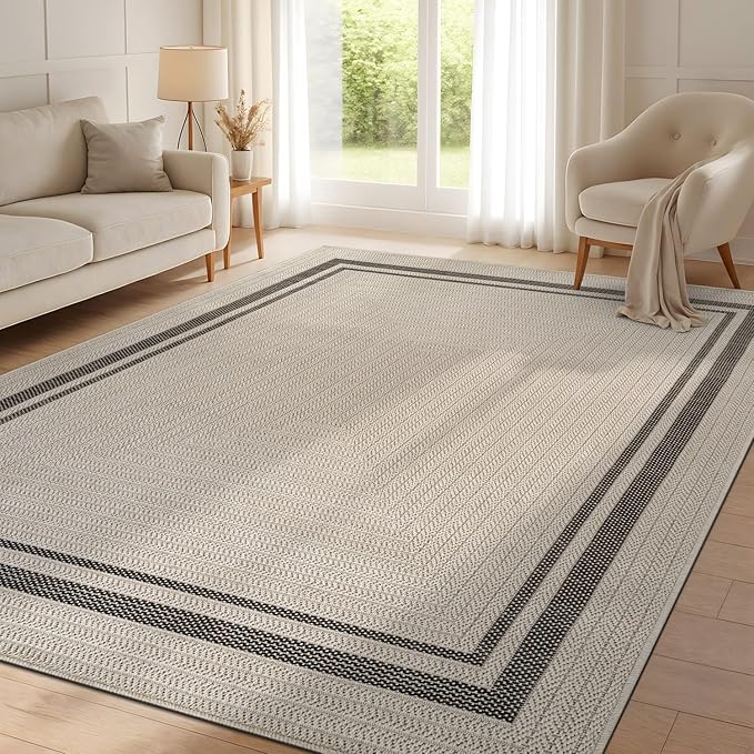 Beverly Rug Easy Jute Bordered Rug 8x10 Washable Durable Indoor Outdoor Area Rugs for Living Dining Room Patio Office Stain Resistant Non Shedding Casual Indoor Outside Carpet 8 x 10 Off-White