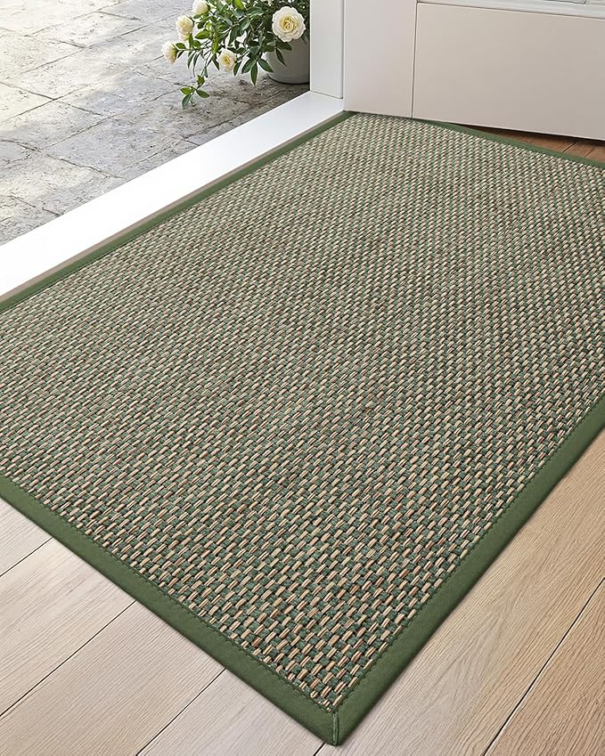 DEXI Ultra Thin Entryway Door Mat 24x36, Non Slip Rubber Backing Inside Entry Mat, Low Profile Easy Clean Dirt Trapper Doormat for Inside Entrance Patio, Green