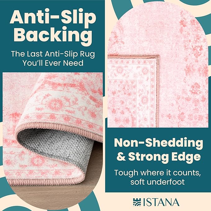 Istana Living Room Rug 10x14 - Pink 10 x 14 Area Rug - Foldable Machine Washable Area Rugs 10x14 - Stylish 10x14 Area Rugs Boho - Stain Resistant Washable Rug 10x14