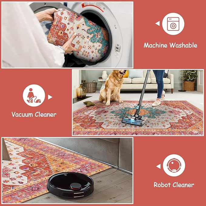 Moynesa Ultra-Thin Washable 10x14 Area Rugs for Bedroom, Pink Large Living Room Rug Non Slip, Medallion Oriental Indoor Floor Carpet for Dining Room Table Dorm Home Office Decor