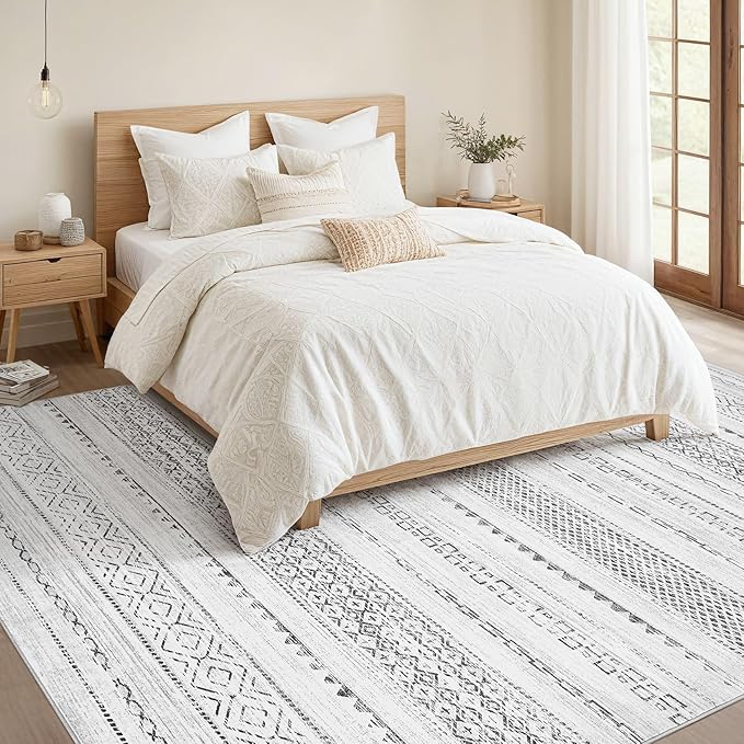 Nakagishi 6x8 Area Rug Living Room: Washable Boho Large Neutral Modern Soft Farmhouse Rugs Stain Resistant Indoor Floor Non-Slip Carpet for Bedroom Nursery Kids Playroom Office Dining Room- Grey
