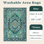 SERISSA Washable Rugs 9x12 Area Rugs, Large Non-Slip Boho Living Room Teal Rug, Ultra Soft Vintage Print Distressed Oriental Tribal Farmhouse Carpet for Dining Room Bedroom Dorm Office Home Decor