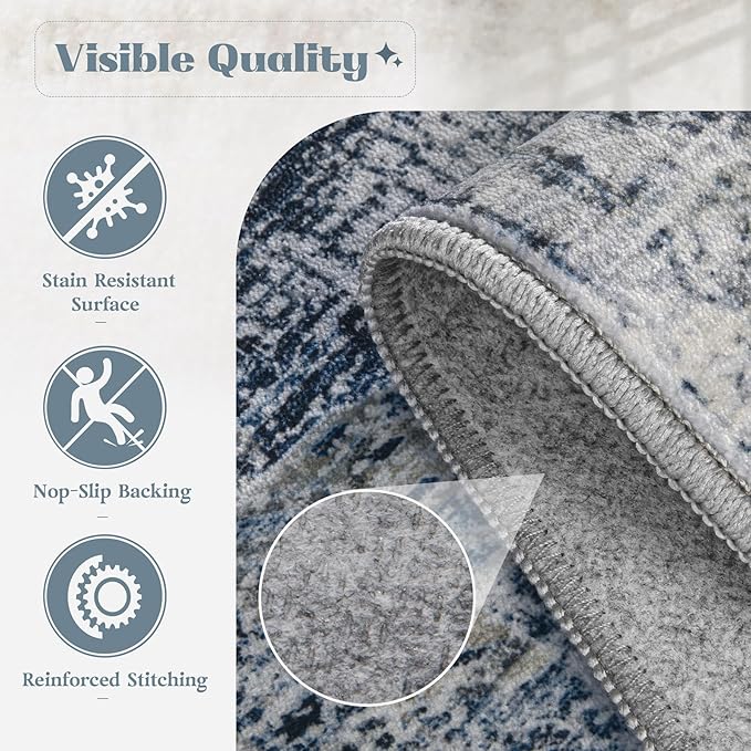Area Rug 8x10 Washable Rug, Vintage Boho Medallion Rugs Non-Slip Soft Low Pile Large Distressed Rug Indoor Retro Carpet for Living Room Bedroom Dining Room Home Office (Blue, 8'x10')