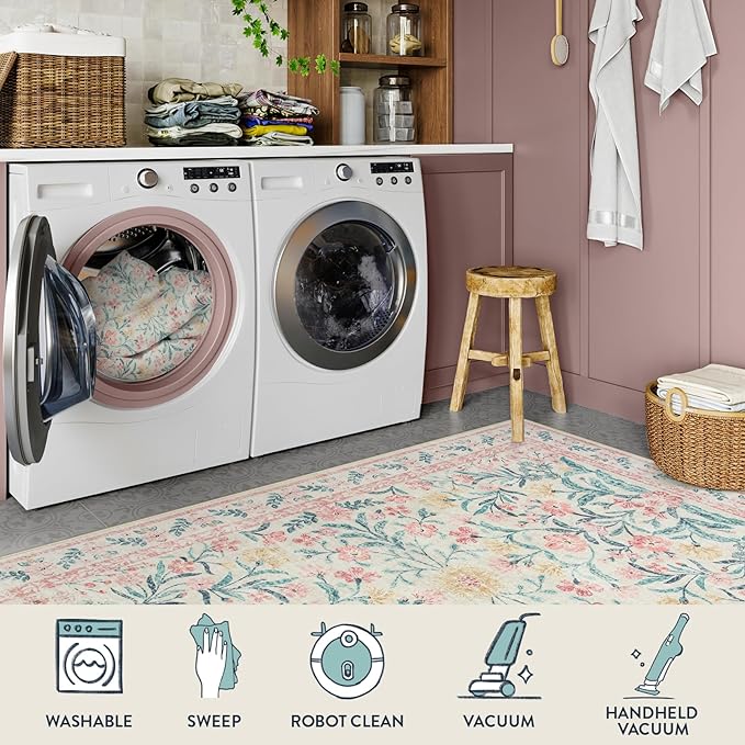 Lahome Boho Pink and White Area Rugs 9x12 Living Room, Washable Floral Large Area Rugs for Bedroom Kids Playroom, Soft Non-Slip Thin Carpet for Nursery Home Decor, Blush