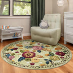 4ft Round Machine Washable Area Rug for Living Room, Green Vintage Boho Floral Rug Large Non-Slip Low Pile Soft Faux Wool Carpet, Kids and Pets Friendly for Bedroom Nursery Farmhouse Home Decor Rug