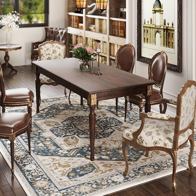 EnHomee 8x10 Area Rugs Washable for Bedroom, Boho Vintage Rugs, Foldable Area Rug for Dining Room, Non-Slip Soft Living Room Rug, Low Pile Large Carpet for Bathroom, Blue and Brown