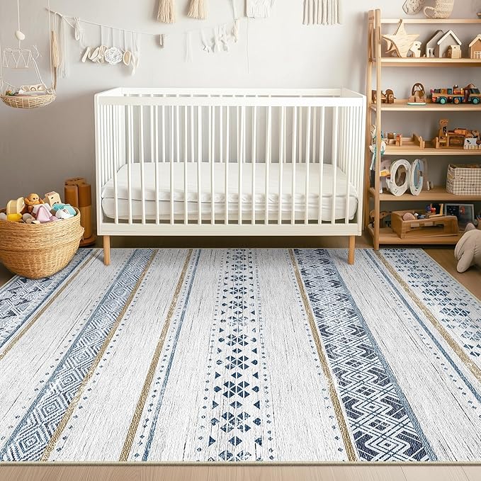 BESTSWEETIE 4x6 Area Rugs for Living Room Washable Moroccan Farmhouse Neutral Geometric Low Pile Non-Slip Soft Print Pattern Rug for Bedroom Kitchen Dining Room Entryway Blue/Brown