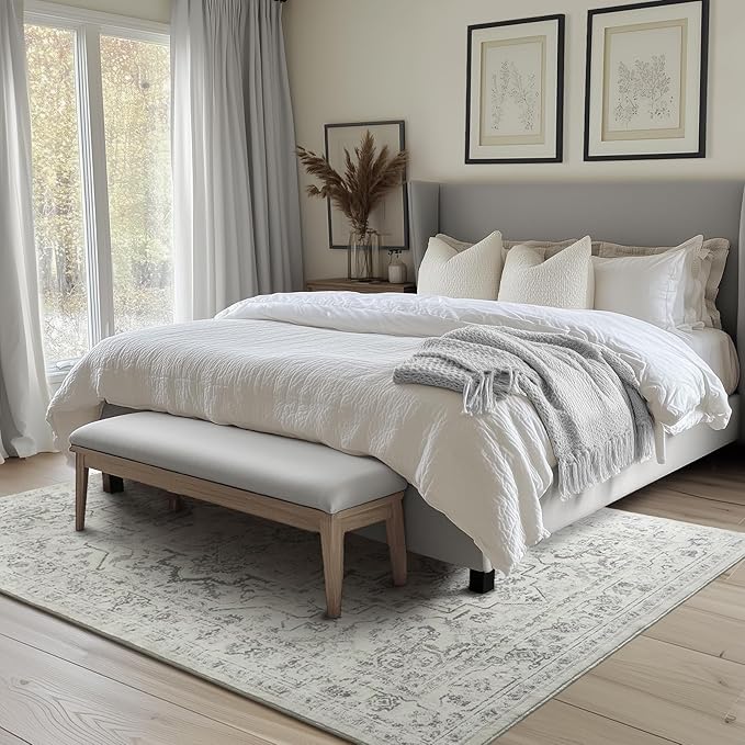 Distressed Farmhouse 5x7 Area Rugs for Living Room Bedroom Non Slip Washable, Medallion Pattern Printed Low Pile Thin Carpet Rugs for Dining Room/Kitchen/Home Office, Off White/Grey