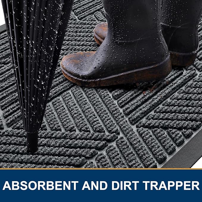 Kitinjoy Front Door Mat Outside Entrance, Sturdy Natural Dirt Trapper, Heavy Duty Rubber Doormat, Low Profile Non-Slip Backing, Easy Clean Floor Mat for Indoor Outdoor Entry, 29.5X17 Inch, Grey
