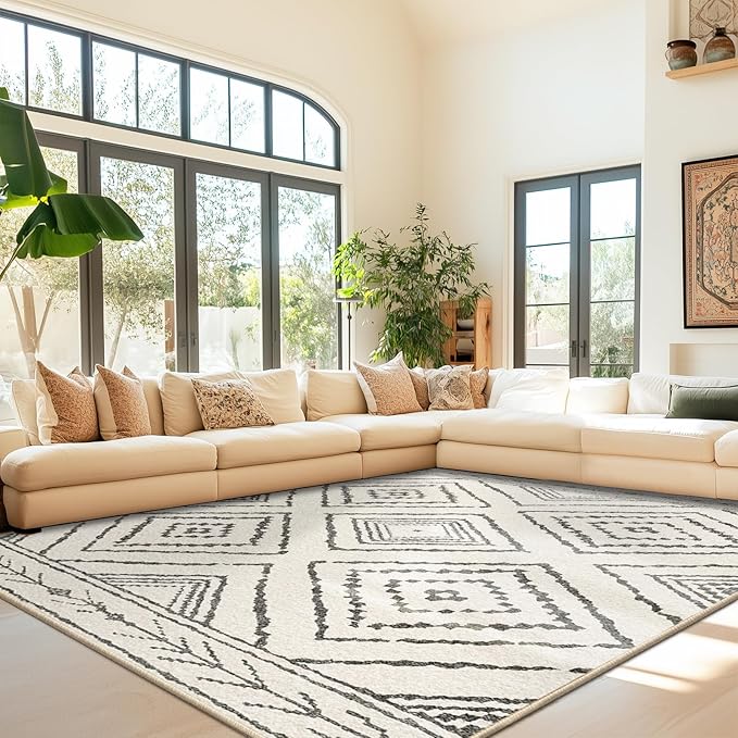 Area Rug 10x14 Rug Machine Washable Non-Slip Low Pile Print Pattern Western Rug for Living Room Bedroom Entryway Tribal Series -Navywhite/Black