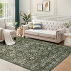 Morebes Vintage Large Rugs for Living Room, Washable 8x10 Area Rugs Non Slip,Soft Dark Green Rug for Bedroom,Distressed Non-Shedding Throw Rug for Entryway Kitchen Foyer Playroom