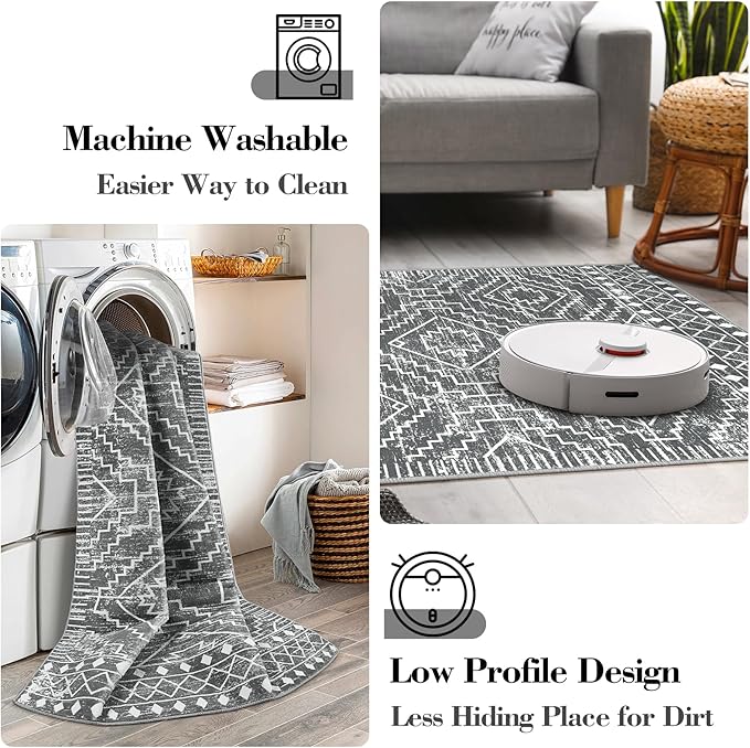 Wonnitar Moroccan Washable Kitchen Runner Rug 2'6"x8', Non-Slip Dark Grey Boho Rug Runners for Hallways, Farmhouse Floor Carpet Soft Runner for Bathroom Hall Entyway (Dark Grey,2'6"x8')