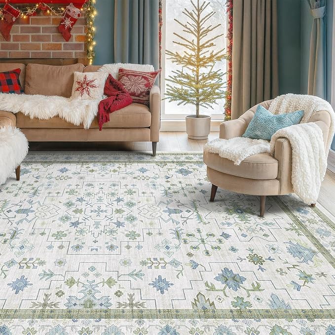 Cream Oushak 6x9 Bedroom Rug - Boho Floral Cool Blue and Green, Washable Low Pile Non-Slip Ultra-Thin Large Area Rugs for Bed Room, Living Room, Playroom