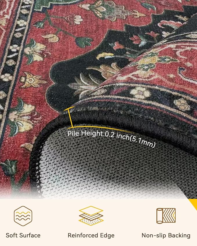 Area Rugs 9'x12' Washable Non-Slip, Floral Vintage Distress Print Pattern Medallion Carpet for Living Room Bedroom Dining Room, Red Black