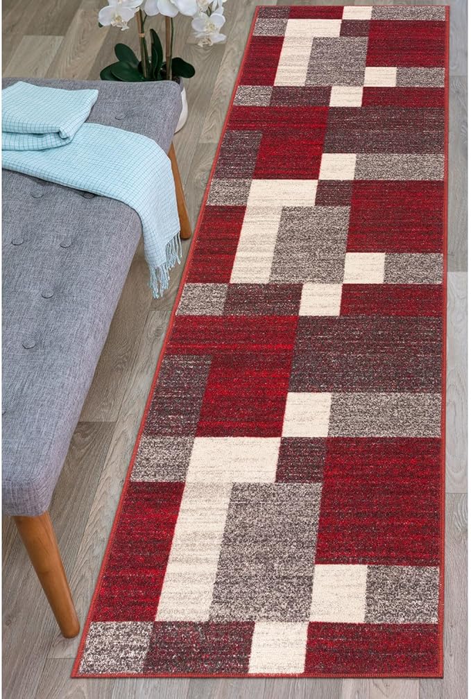 Rugshop Red Modern Geometric Boxes Non-Slip Area Rug Non-Shedding for Hallway, Entryway and Kitchen, 2' x 7'2" (22" X 84")