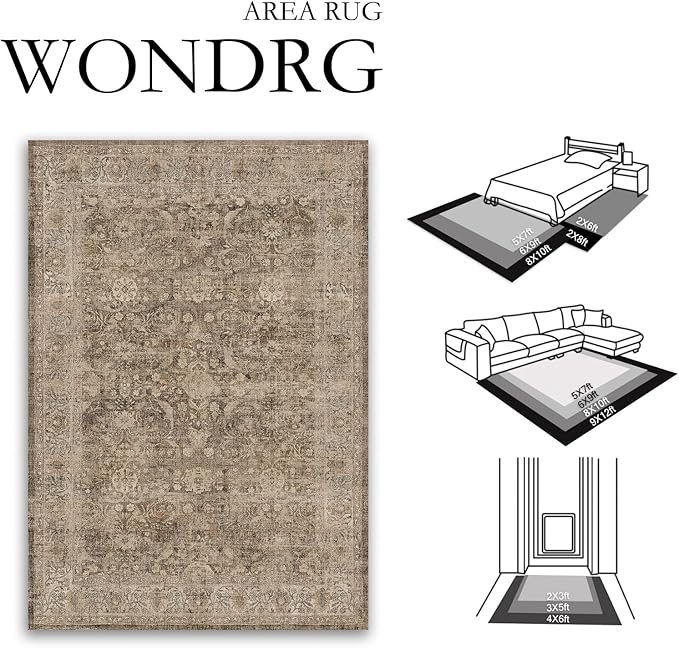 9x12 Rust Brown Area Rug for Living Room Bedroom Neutral Soft Non Slip Rug Low Pile Vintage Distressed Large Carpet for Dining Room Nursery Office Indoor