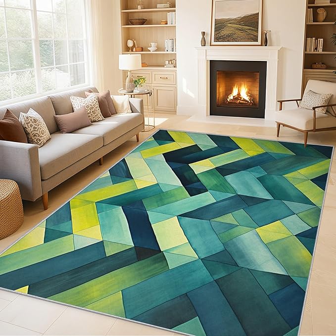 4x6 Geometric Zigzag Rugs for Bedroom Decor, Washable Green Chevron Pattern Area Rug, Living Room Home Decoration, Non Slip Soft Thin, Modern Abstract Geometry Decor Carpet PF-P 49