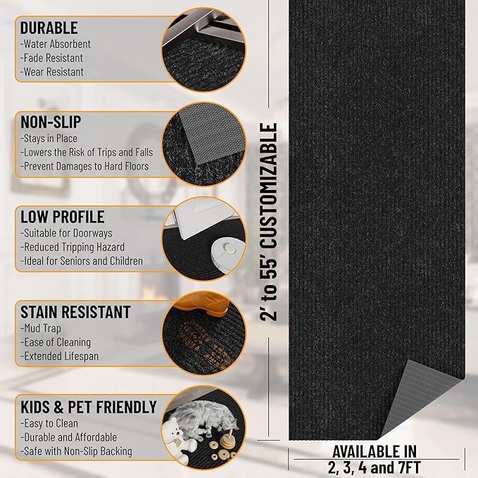 Ottomanson 2' x 52' Hallway Runner with Scraper Pile Extra Durable Non-Slip Rug Mat for Indoor & Outdoor Use - Ideal for Kitchen, Entryway, Patio & Garage - High-Traffic Carpet, Black