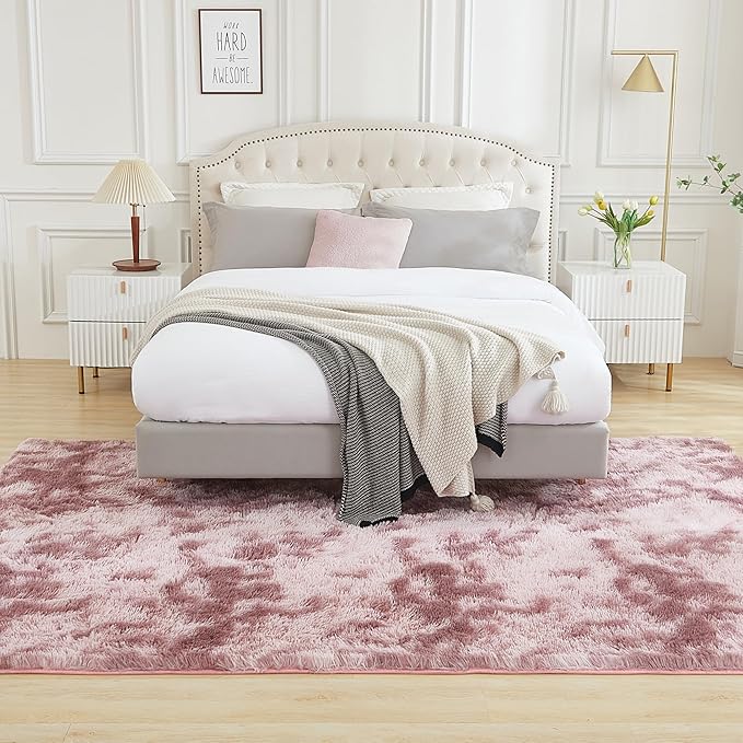Andency Area Rugs 9x12 for Living Room Home Decor, Large Shaggy Bedroom Carpet, Non-Slip Big Shag Indoor Thick Soft Fluffy Furry Fur Area Rugs for Kids Dorm Nursery Aesthetic, Tie-Dyed Dusty Pink