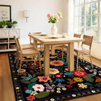 Floral 6x9 Area Rug Machine Washable Soft Print Boho Carpet Non Slip Doormat Low Pile Flower Area Rugs for Living Room Bedroom Nursery Kitchen Dining Room Indoor-Black