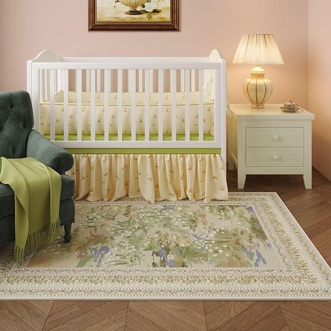 Rugcomf 6x9 Area Rugs Impressionist-Style Vintage Washable Rug Non Slip Low Pile Large Rug for Living Room Bedroom Farmhouse Dining Room Kids Playroom, Beige