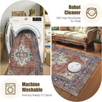 Washable Area Rug 9' x 12' Vintage Traditional Persian Mat - Foldable Distressed Non-Slip Machine Washable Carpet for Living Room Bedroom Kitchen Home Decor - Terracotta and Navy