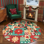 jinchan Round Christmas Rug 6ft for Living Room Washable Circle Christmas Dining Room Rug 6' Round Xmas Geometric Non-Slip Soft Carpet Festive Red-Green Holiday Patch Decor for Bedroom Porch Foyer