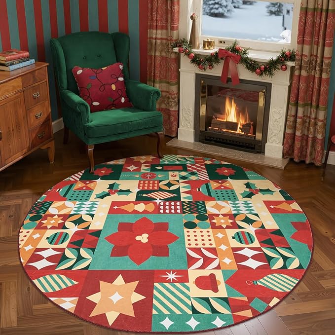 jinchan Round Christmas Rug 6ft for Living Room Washable Circle Christmas Dining Room Rug 6' Round Xmas Geometric Non-Slip Soft Carpet Festive Red-Green Holiday Patch Decor for Bedroom Porch Foyer