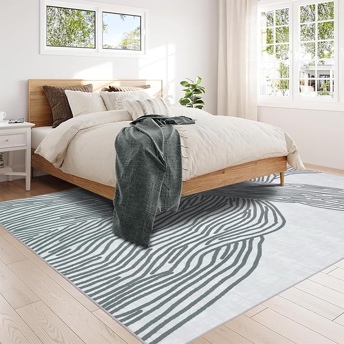 YIHOUSE Grey Rug for Living Room, 5×7 Modern Abstract Area Rug, Geometric Contemporary Wave Striped Rugs for Playroom Nursery, Washable Nonslip Large Rug for Bedroom Dining Room