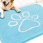 OLANLY Dog Door Mat for Muddy Paws 30x20, Paw Print Design, Absorbs Moisture and Dirt, Absorbent Non-Slip Washable Doormat, Quick Dry Chenille Mud Mat for Dogs, Entry Indoor Entryway Carpet, Blue